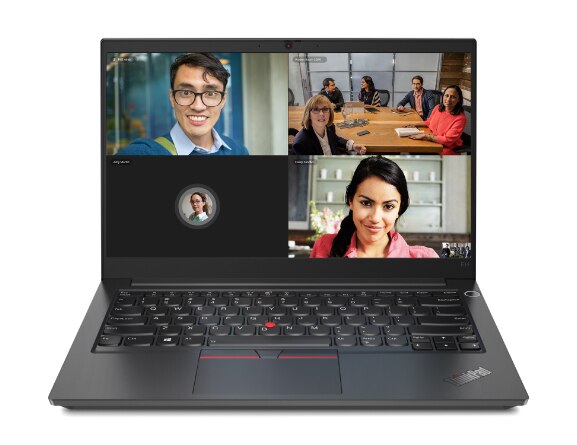 Black Lenovo ThinkPad E14 Gen 2 in front view with laptop showing 