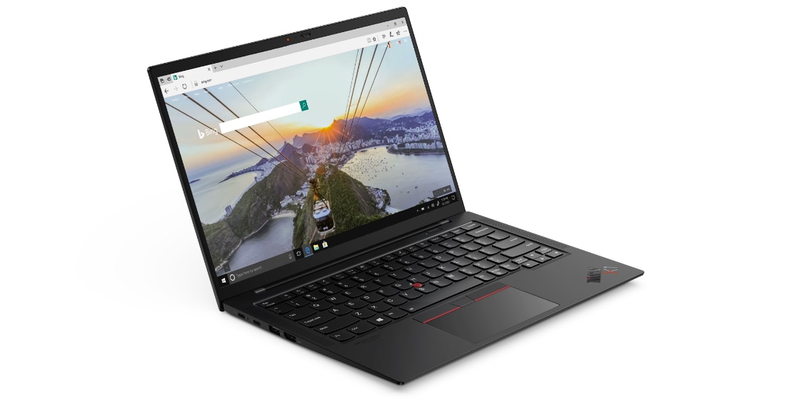 Front view of Lenovo ThinkPad X1 Carbon Gen 9 laptop open 90 degrees and angled slightly to show left-side ports. 