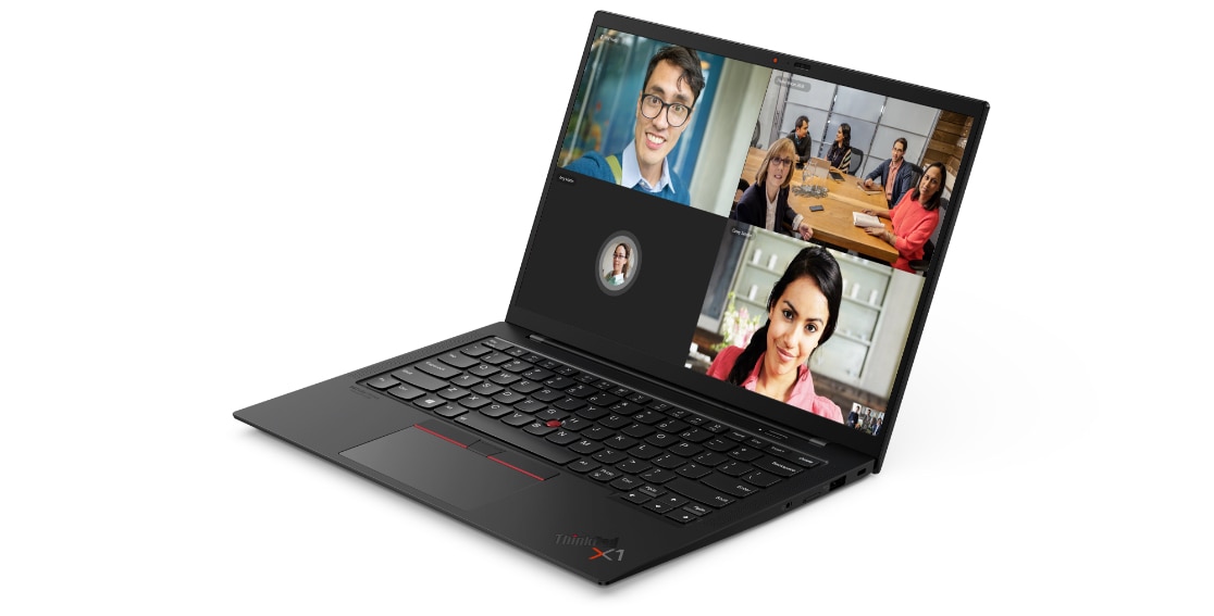 Front view of a video-conference on the Lenovo ThinkPad X1 Carbon Gen 9 laptop open 90 degrees and angled slightly to show right-side ports. 