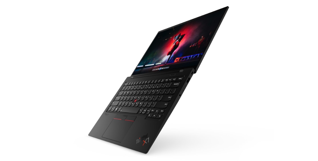 Black Lenovo ThinkPad X1 Carbon Gen 9 laptop open 180 degrees showing keyboard and screen with right -side ports. 