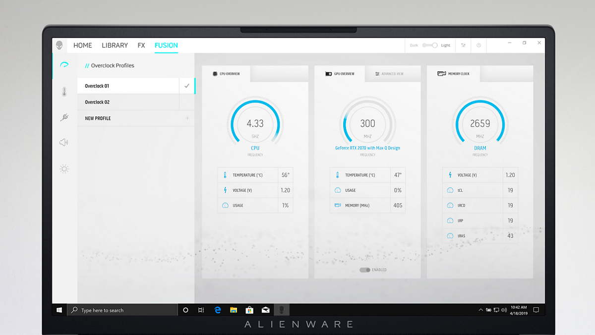 Image de l’écran de l’ordinateur portable de gaming Dell Alienware x17 R2 affichant les états d’alimentation disponibles sur l’Alienware Command Center.