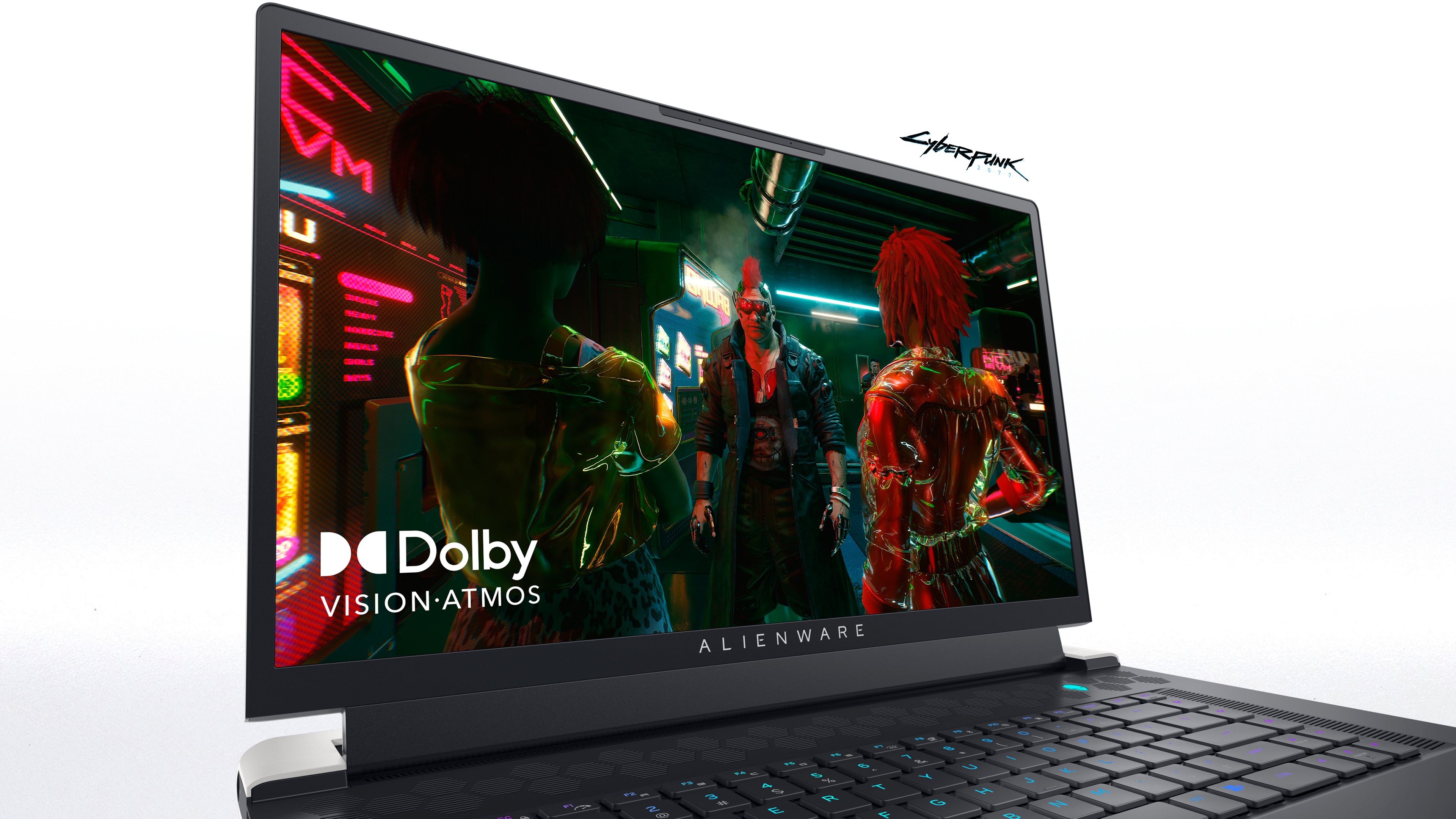 Image d’un ordinateur portable de gaming Dell Alienware x15 R2 avec l’image d’un jeu et le logo Dolby Vision-Atmos à l’écran.