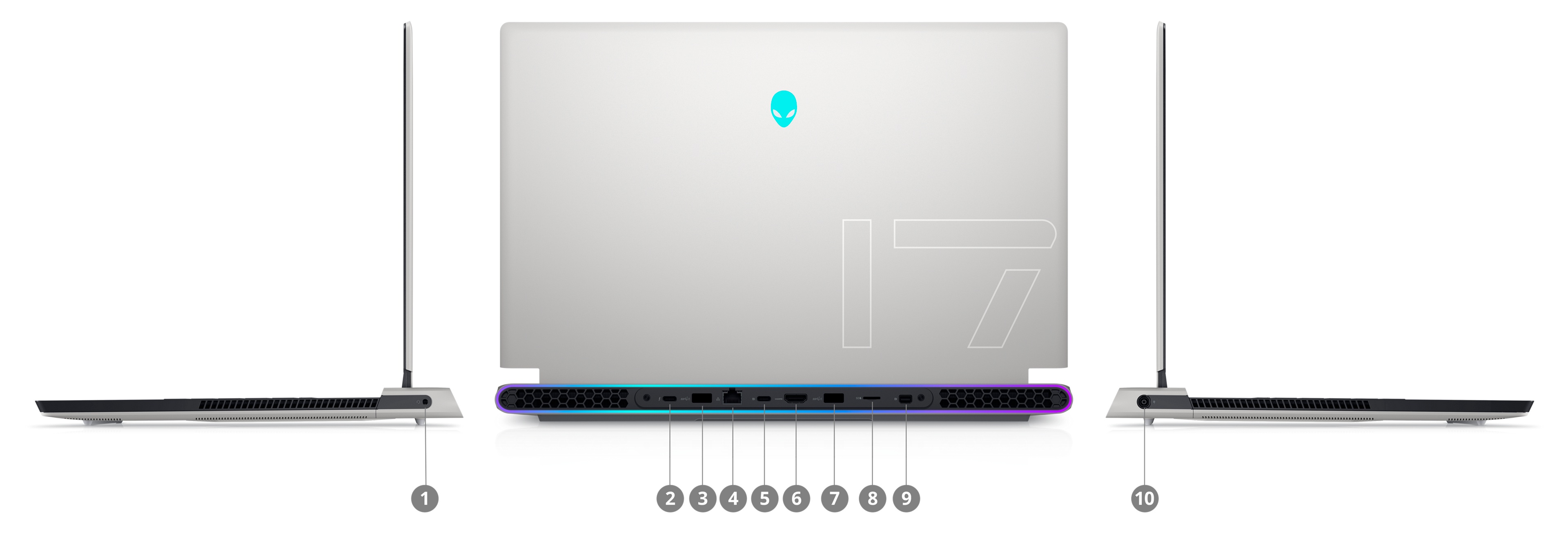 Image de 3 ordinateurs portables Alienware, un à l’avant et deux sur le côté, avec des numéros compris entre 1 et 10 pour l’attribution des ports.