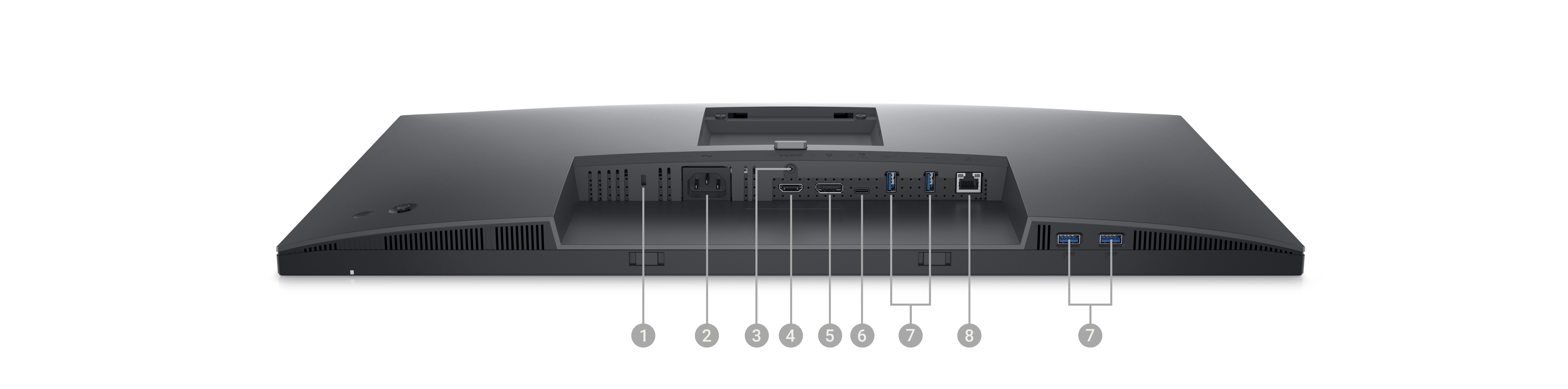 Image du moniteur Dell P2723QE placé l’écran vers le bas avec des numéros de 1 à 8 qui indiquent l’emplacement des ports sous le produit.