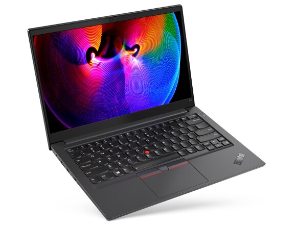 Right three-quarter view of black Lenovo ThinkPad E14 Gen 2 laptop tilted up to sit on its front right corner 