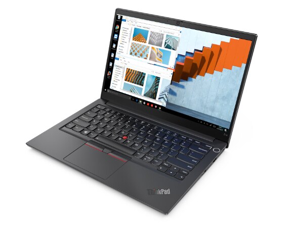 Left three-quarter view of black Lenovo ThinkPad E14 Gen 2 