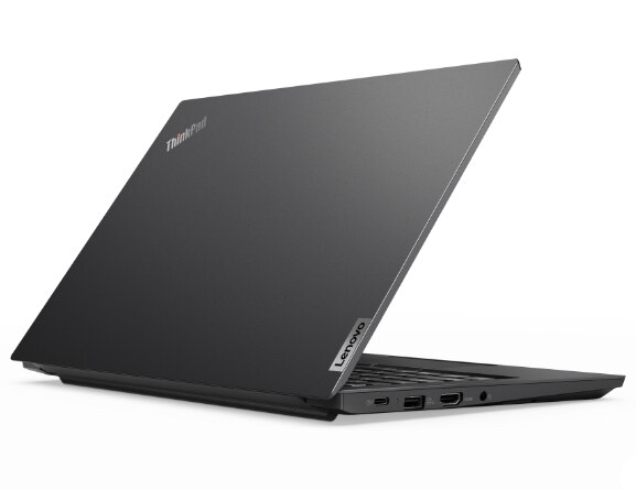 Rear right three-quarter view of black Lenovo ThinkPad E14 Gen 2 