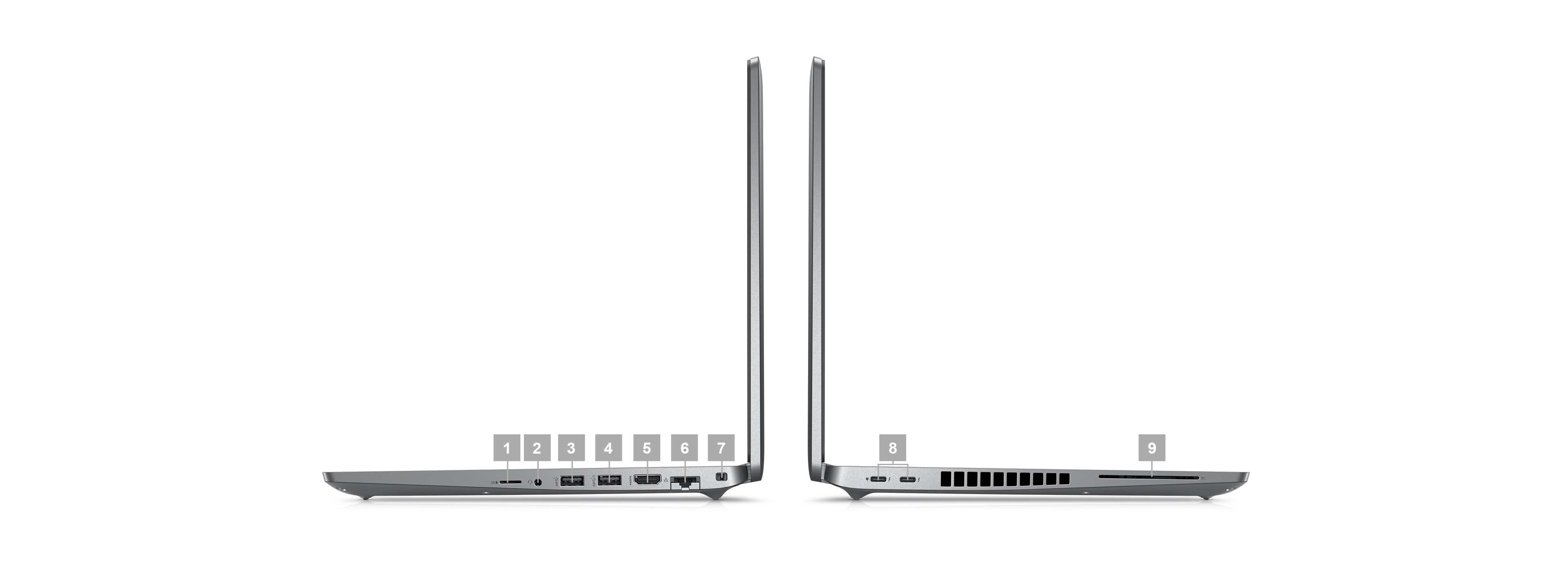 Image de deux ordinateurs portables Dell Latitude 15 5530 placés sur le côté avec des numéros de 1 à 9 signalant les ports du produit.