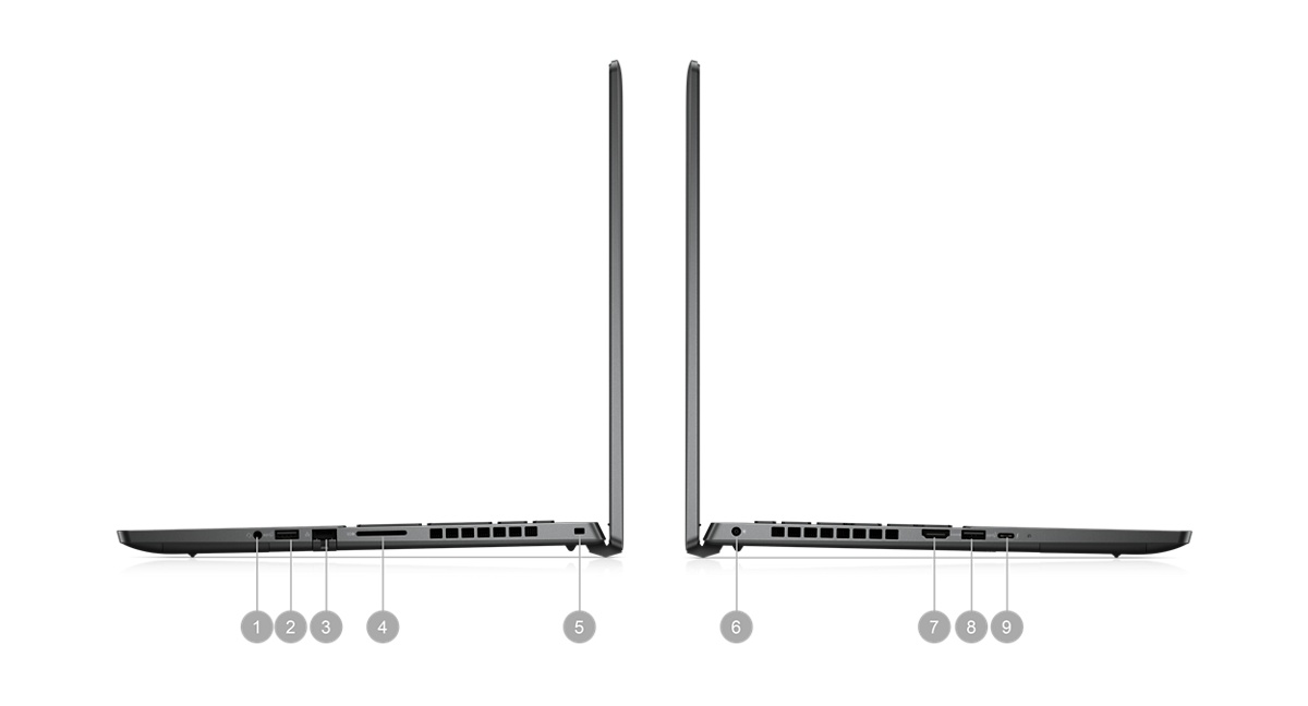 Image de deux ordinateurs portables Dell Vostro 16 7620 placés de côté avec les chiffres 1 à 9 qui indiquent les ports présents sur le produit.