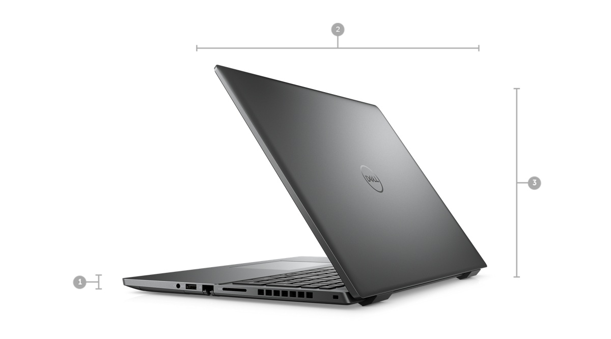 Image d’un ordinateur portable Dell Vostro 7620 avec l’arrière visible et les chiffres 1 à 3 qui indiquent les dimensions et le poids du produit.