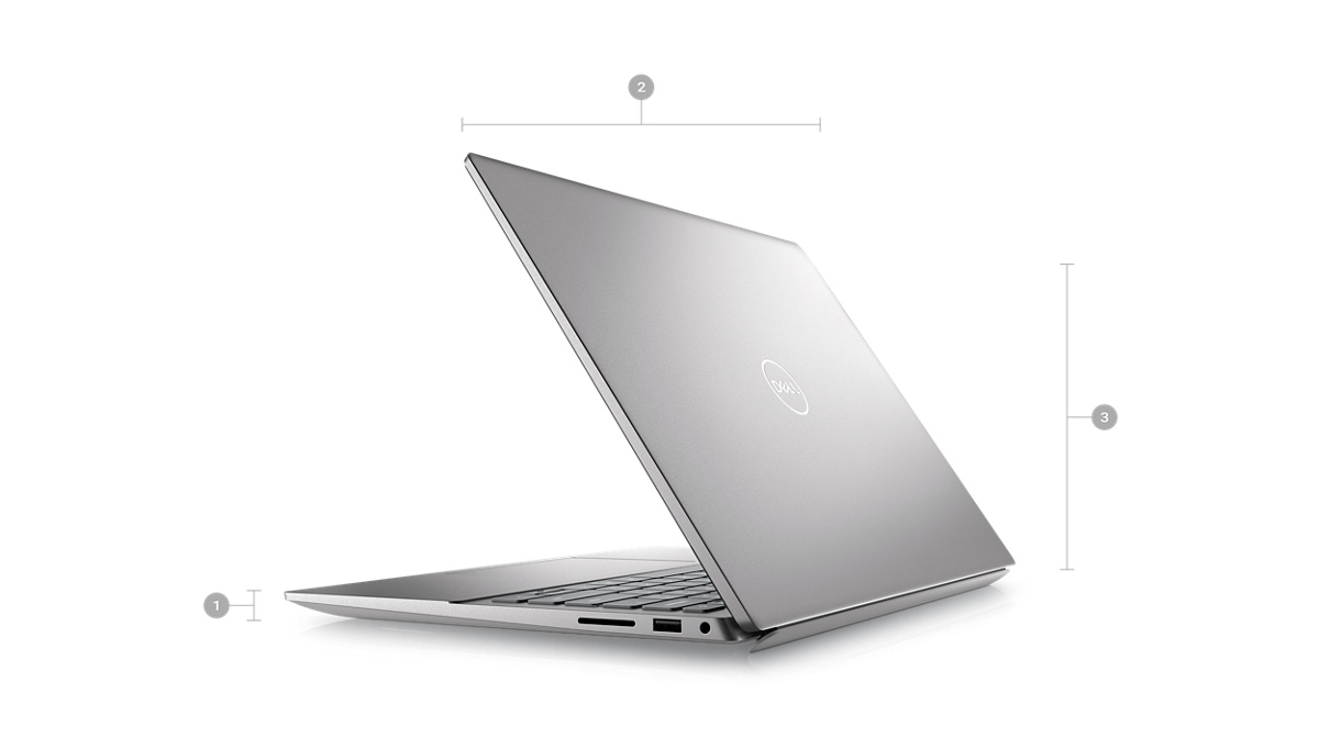 Photo d’un ordinateur portable Dell Inspiron 5425 avec l’arrière visible et les chiffres 1 à 3 indiquant les dimensions et le poids du produit.