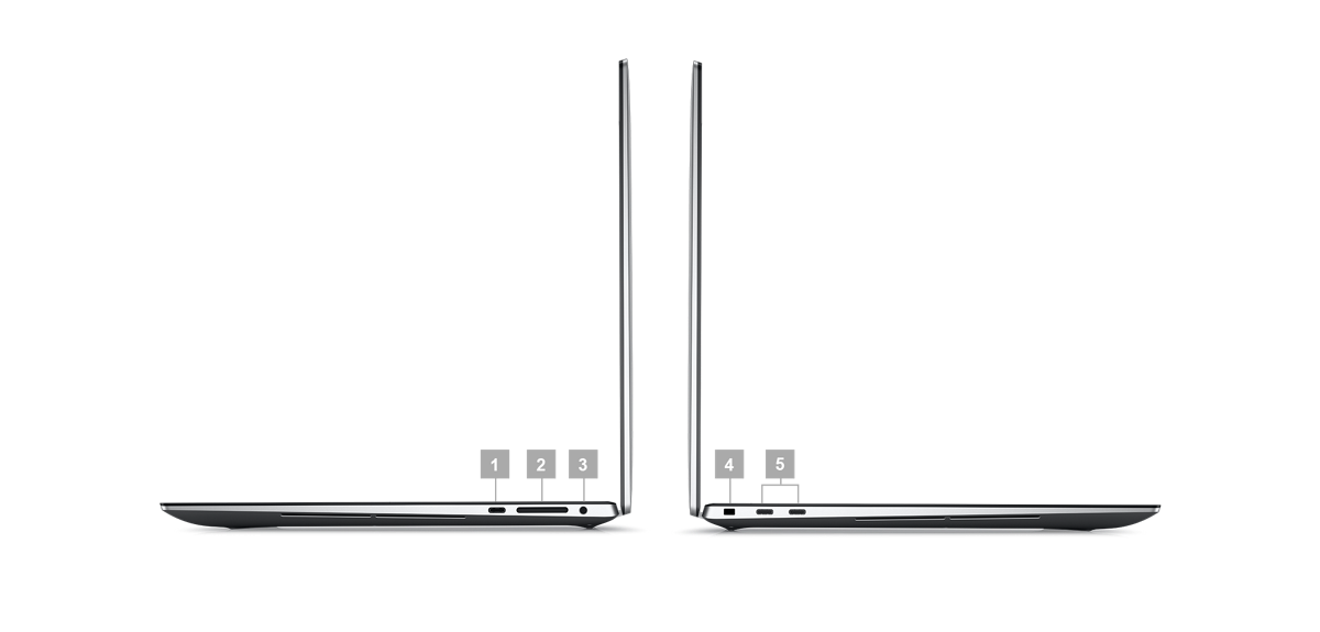 Image de deux stations de travail mobiles Dell Precision 5570 placées de côté avec des numéros compris entre 1 et 5 signalant les ports des produits.