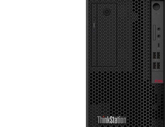 Lenovo ThinkStation P350 Tower workstation—front view cropped in to see honeycomb pattern and front ports 