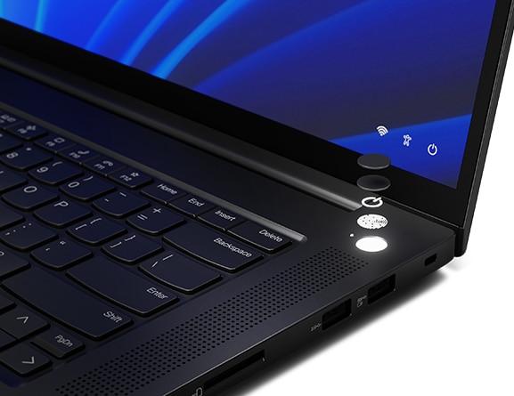 Vue éclatée du bouton de mise sous tension montrant ses différents niveaux sur la station de travail mobile Lenovo ThinkPad P1 Gen 5. 