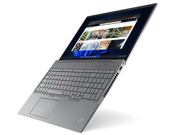 Vue latérale de la station de travail mobile ThinkPad P16s, ouverte à 180 degrés, verticalement, montrant l’écran, le clavier et les ports 