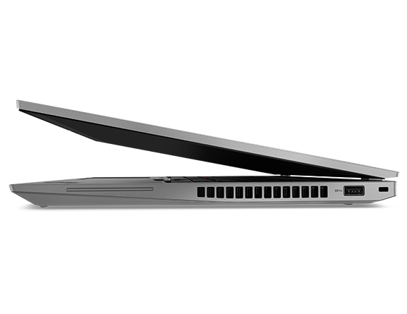 Vue du côté gauche de la station de travail mobile ThinkPad P16s, légèrement ouverte, montrant le côté gauche et les ports 