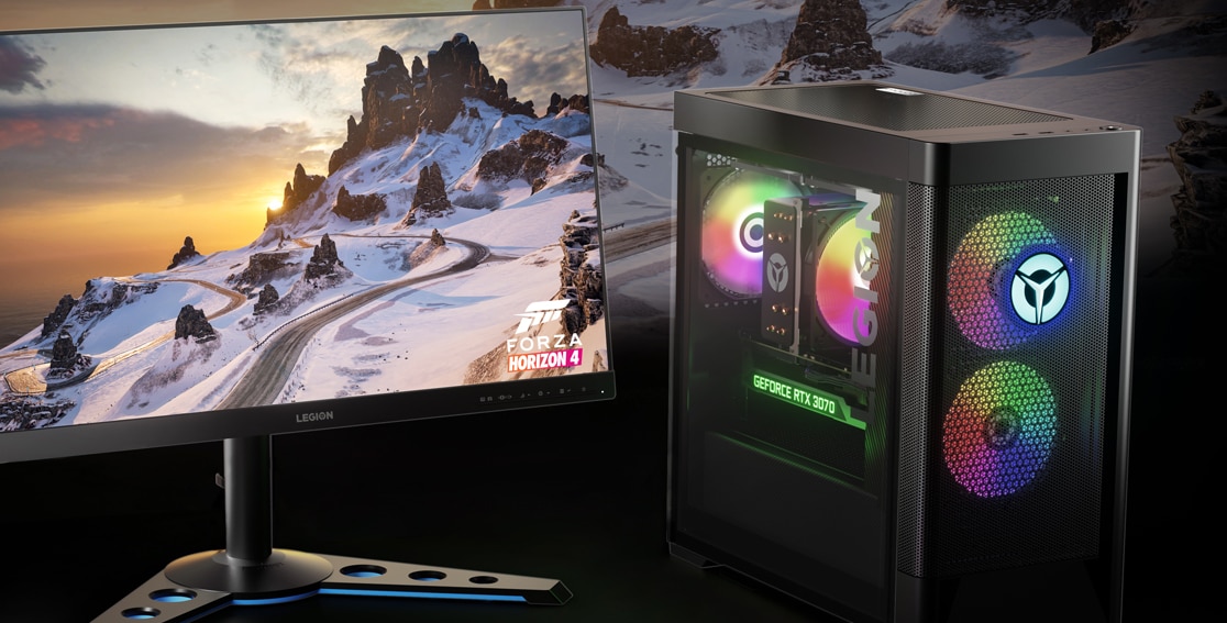 Tour Legion 5i Gen 7 dotée d’un moniteur de gaming Legion avec Forza Horizon 4 à l’écran. 