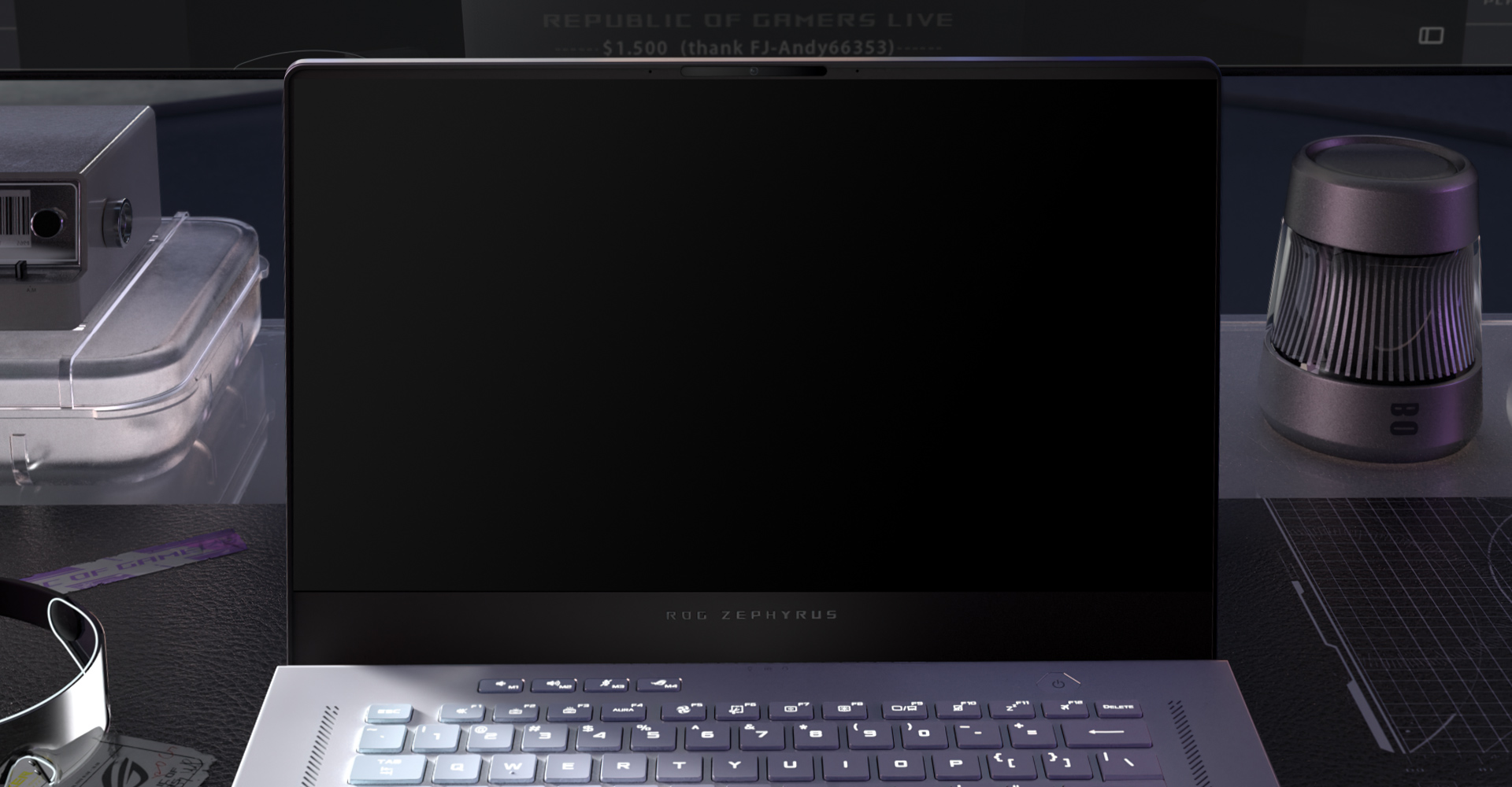 Clip du Zephyrus G15 avec titre de jeu dans une salle de jeu