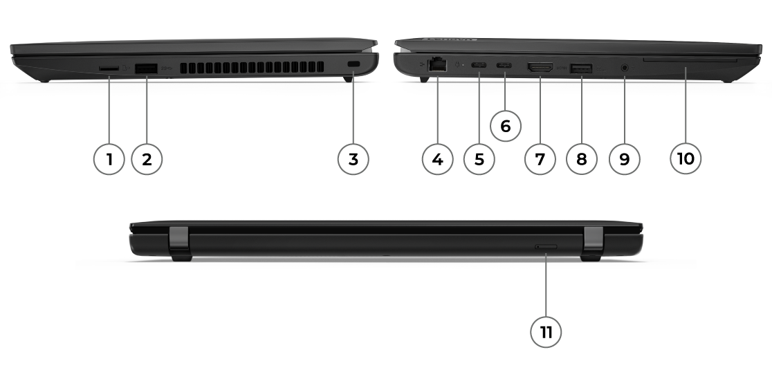 Vue latérale droite du Lenovo ThinkPad L14 Gen 3 (14” AMD), fermé, montrant les ports. Vue latérale gauche du Lenovo ThinkPad L14 Gen 3 (14” AMD), fermé, montrant les ports. Vue arrière du Lenovo ThinkPad L14 Gen 3 (14” AMD), fermé, montrant le port.