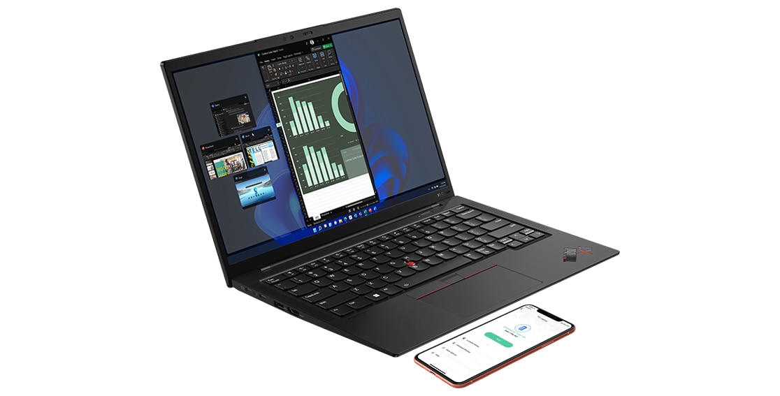 Lenovo ThinkPad X1 Carbon Gen 10 laptop open 90 degrees, angled slightly to show left-side ports.