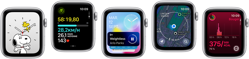 Vue avant de plusieurs écrans d'Apple Watch SE affichant différents écrans d'apps actualisées.