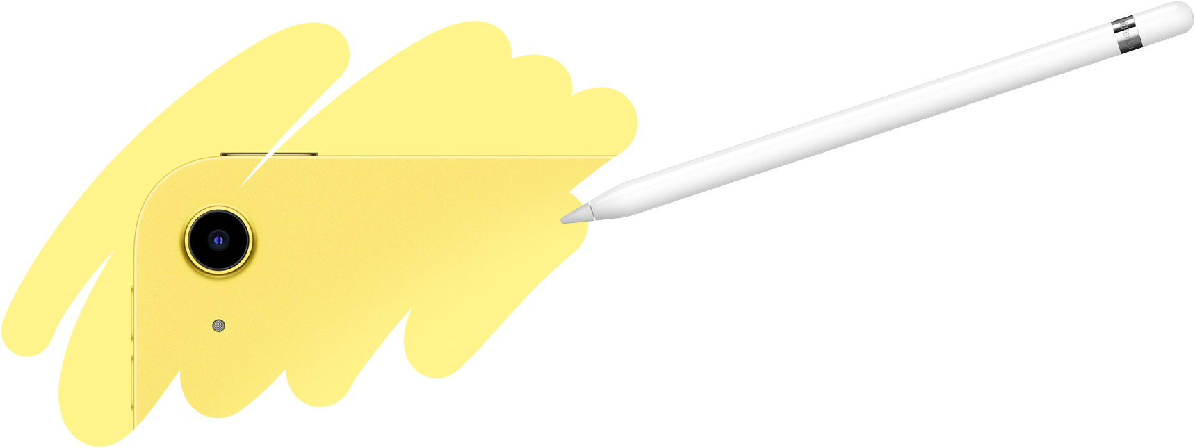 Un coup de pinceau de l'Apple Pencil révèle le dos de l'iPad, faisant apparaître l'appareil photo arrière.