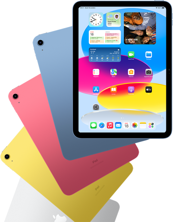 Vue avant d'un iPad affichant l'écran d'accueil, devant quatre autres iPad en bleu, rose, jaune et argent vus de dos.
