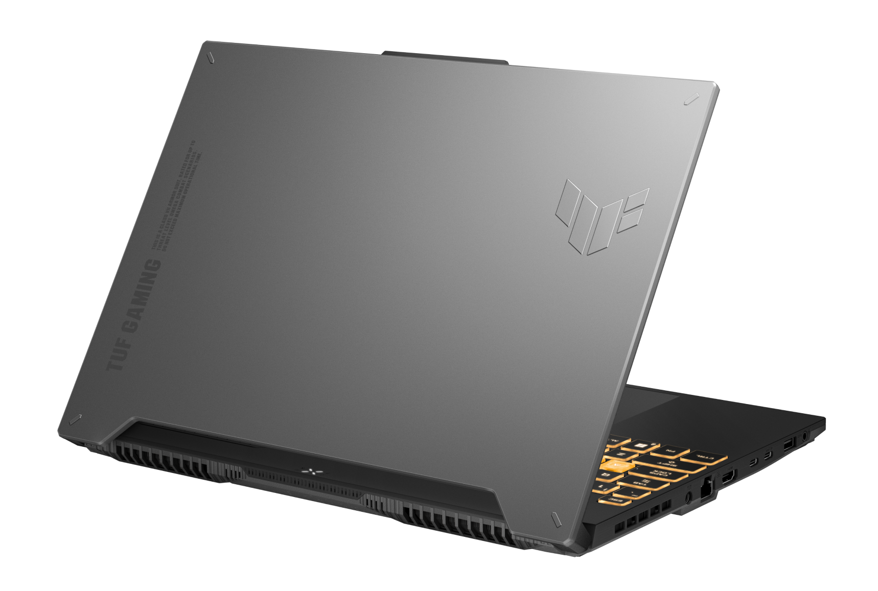Vue similaire du TUF Gaming F15, avec l'accent mis sur le logo TUF Gaming.