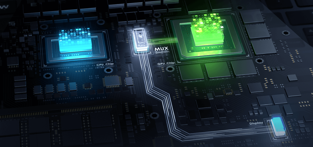 Schéma simplifié d'un CPU, d'un GPU et d'un switch MUX acheminant le signal d'affichage vers l'écran de l'ordinateur portable.
