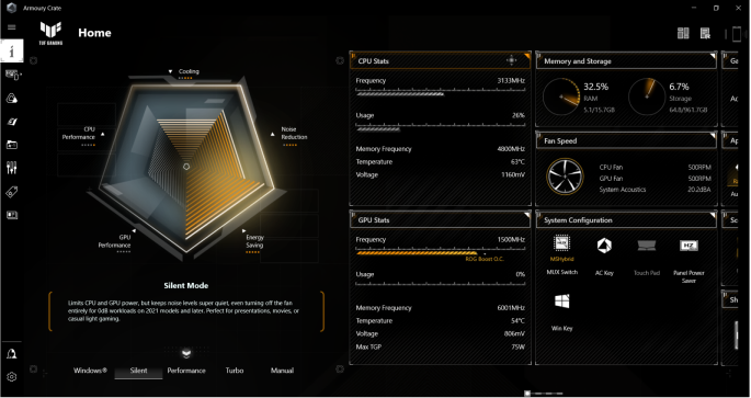 Vue de l'écran principal de Armoury Crate, avec des informations de diagnostic à l'écran.