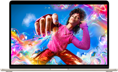 Écran de MacBook Air avec une image colorée illustrant la gamme de couleurs et la résolution de l'écran Liquid Retina