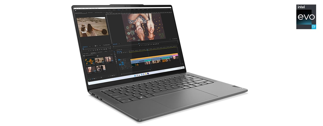 Portable Yoga Pro 7i Gen 8 avec un logiciel de montage vidéo ouvert sur l’écran