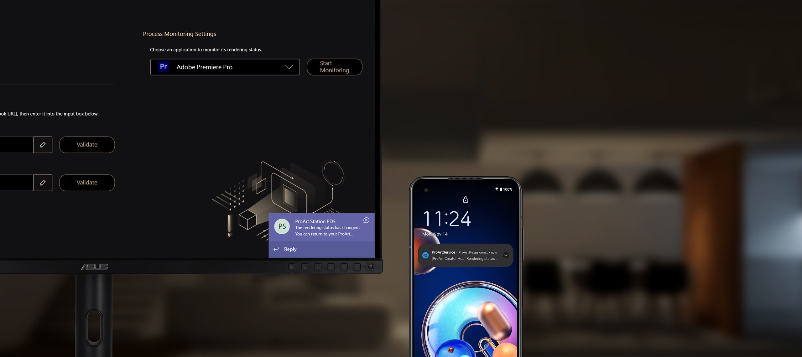 Left image shows the corner of a ProArt Display with a Teams notification pop-up. Right image shows a Zenfone 9 receiving an Outlook notification.