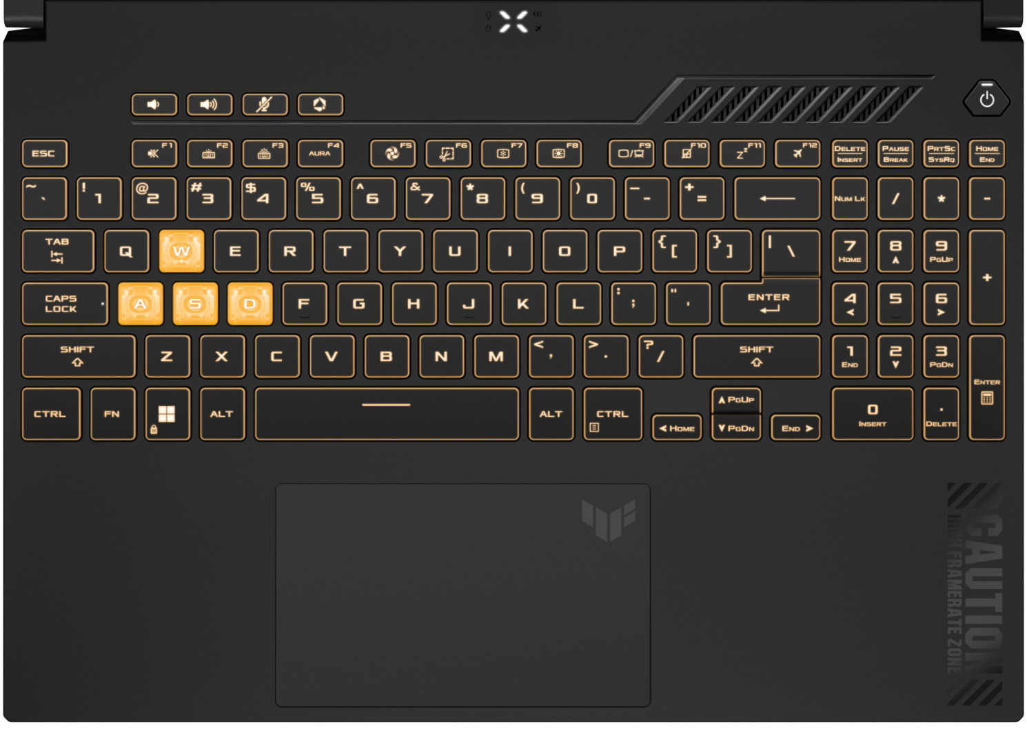 Gros plan de la console du clavier, avec les touches allumées en jaune.