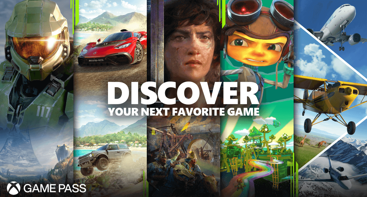 Rendu promotionnel des titres Xbox Game Pass, avec Halo et Microsoft Flight Simulator entre autres.