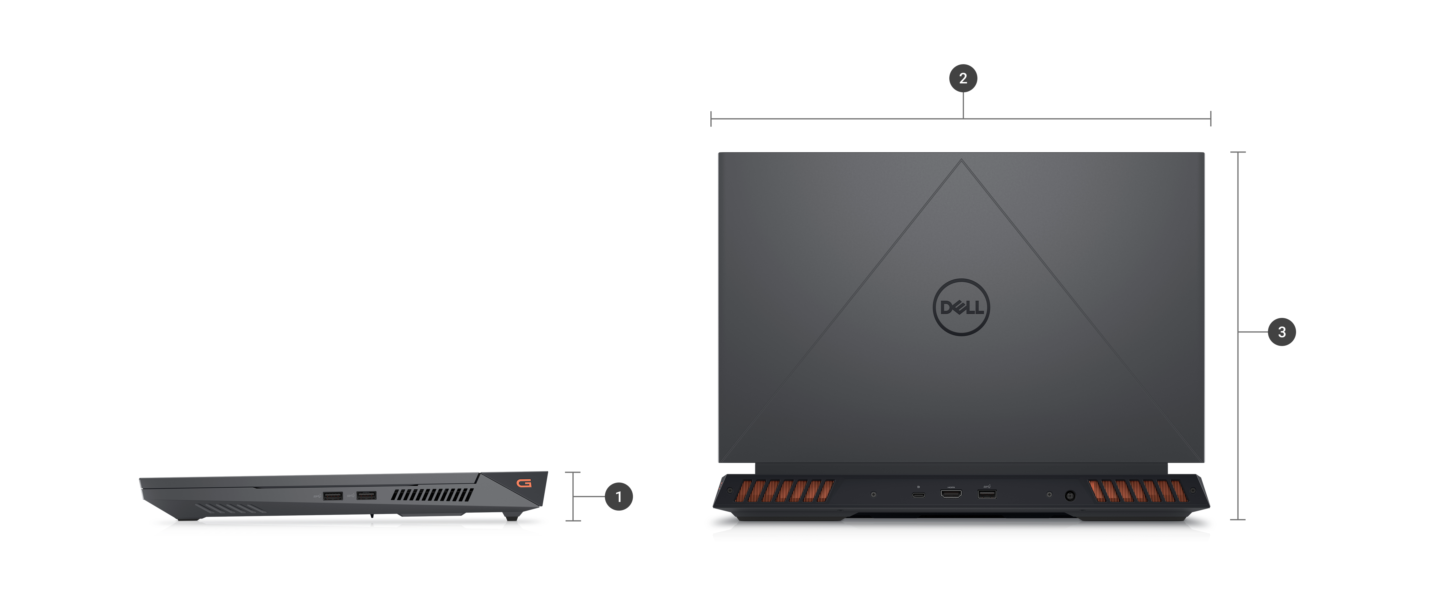 Ordinateur portable gaming Dell G-Series 15 5530 avec des numéros compris entre 1 et 3 indiquant les dimensions et le poids du produit.