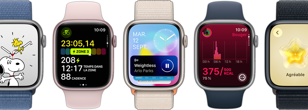 Une vue frontale de cinq Apple Watch montrant le plus grand nombre d'informations sur chaque écran grâce à la mise à jour watch OS 10.