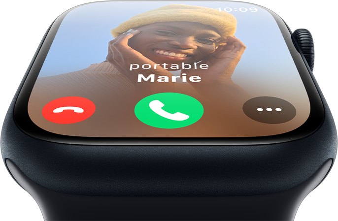 Vue frontale de l'Apple Watch montrant un appel entrant.