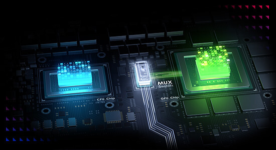 Rendu 3D d'un CPU, d'un GPU et d'un switch MUX acheminant le signal vidéo vers l'écran.