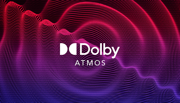 L'icône Dolby Atmos devant des ondes sonores violettes.