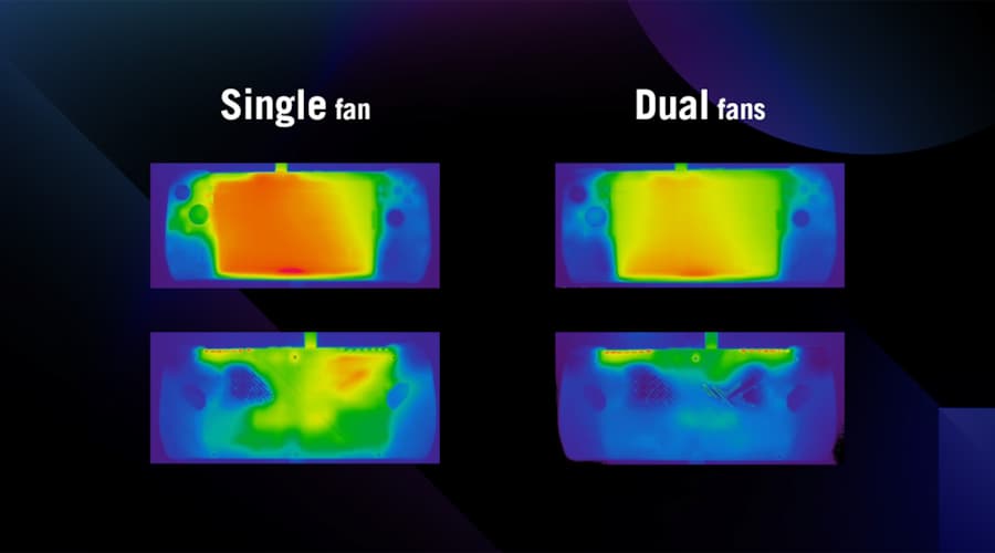 Images thermiques côte à côte montrant où et à quel point la chaleur est intense entre une ROG Ally à ventilateur simple et une ROG Ally à ventilateur double.