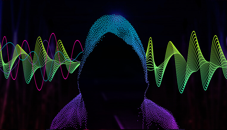 Deux ondes sonores de gauche à droite. Après avoir traversé une personne au milieu de l'image, une onde sonore est filtrée.