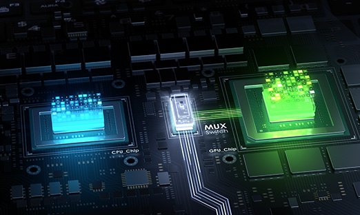 Rendu 3D d'un CPU, d'un GPU et d'un switch MUX acheminant le signal vidéo vers l'écran.