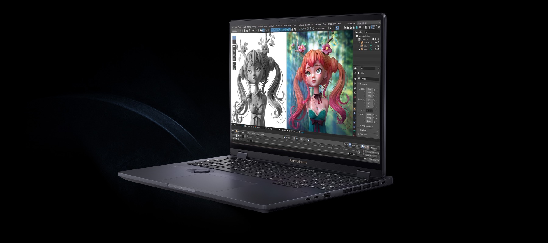 Un ProArt Studiobook 16 OLED est présenté avec des tâches de CAD modeling visibles à l'écran.