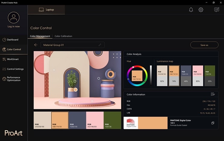 Un Studiobook ProArt avec l'interface de l'application ProArt Creator Hub Gestion des couleurs à l'écran.
