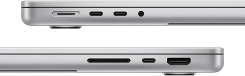 Vue latérale d'un MacBook Pro 14 pouces avec puce M3 Pro. Côté gauche : port MagSafe, deux ports Thunderbolt 4 et prise casque. Côté droit : lecteur de carte SDXC, un port Thunderbolt 4 et port HDMI