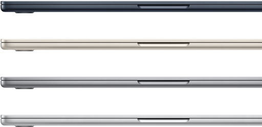 Quatre MacBook Air fermés montrant les finitions disponibles : minuit, lumière stellaire, gris sidéral et argent