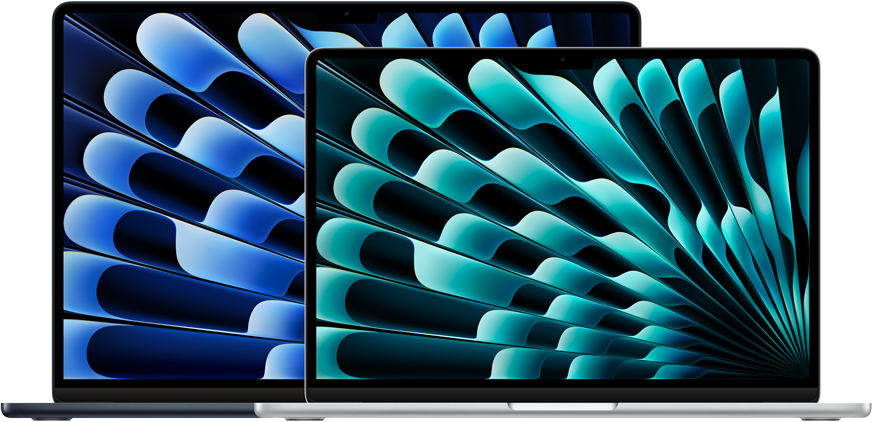 Vue de face de MacBook Air 13 et 15 pouces mettant en avant les tailles d'écran (mesurées en diagonale)