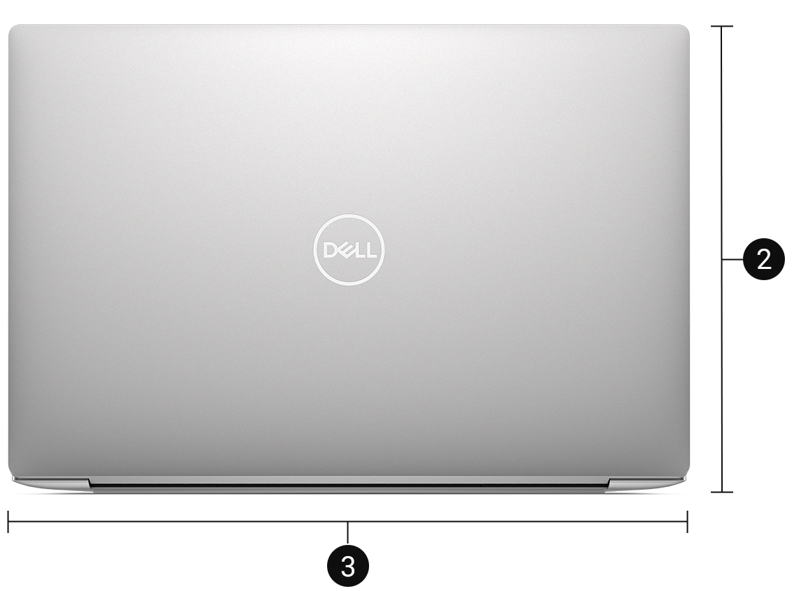 Dell XPS 13 9340 avec les numéros 2 et 3 indiquant les dimensions et le poids du produit.