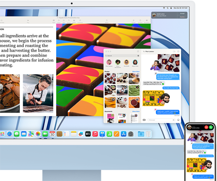 Un iMac à côté d'un iPhone illustrant la fonctionnalité Continuité par le partage d'un échange de messages et de photos entre l'iPhone et l'iMac.